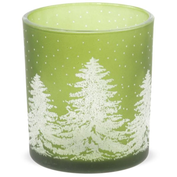 Windlicht Winterwald Glas Kerzenglas Teelichtglas milchig grün 7x8 cm