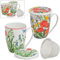 Teetassen Teebecher mit Deckel & Sieb bunte Blumen 2er Set sort – 11 cm / 300 ml