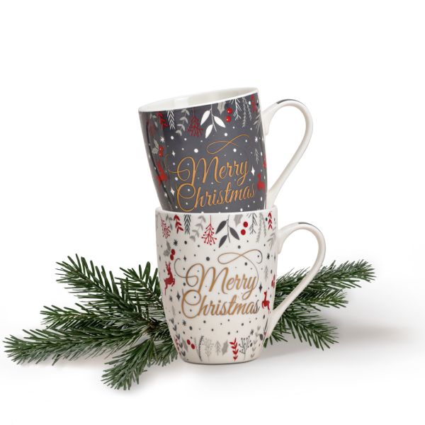 Tassen Kaffeebecher Merry Christmas grau weiß Porzellan 2er Set sort 340 ml 10 cm