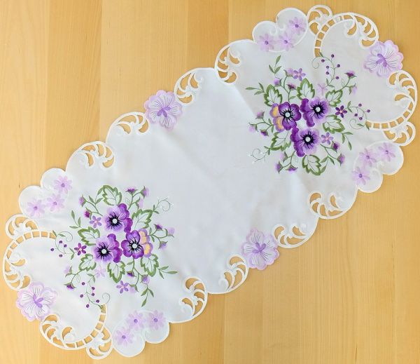 Tischläufer Stiefmütterchen weiß & Stick lila Polyester 1 Stk 40x90 cm oval