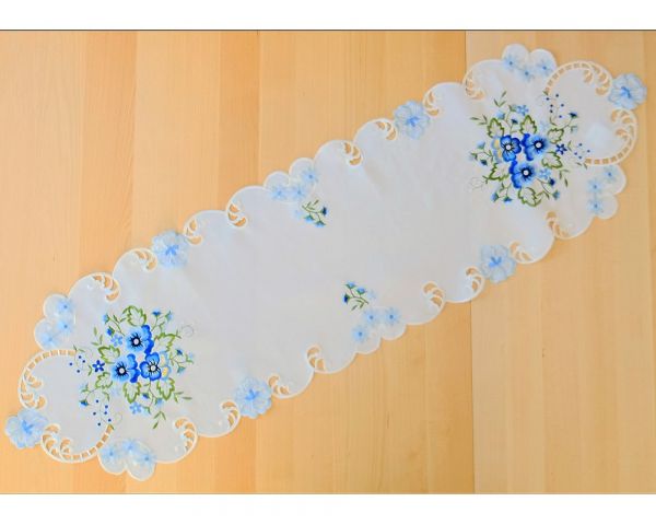 Tischläufer Stiefmütterchen weiß & Stick blau Polyester 1 Stk 40x140 cm oval