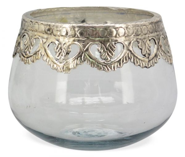 Windlicht Teelichtglas Teelichthalter rund Glas & Metall silber 1 Stk 15x12 cm