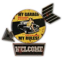 Blechschild Vintage Pfeil Pin Up Girl My Garage My Rules Welcome 1 Stk 52x59 cm bunt