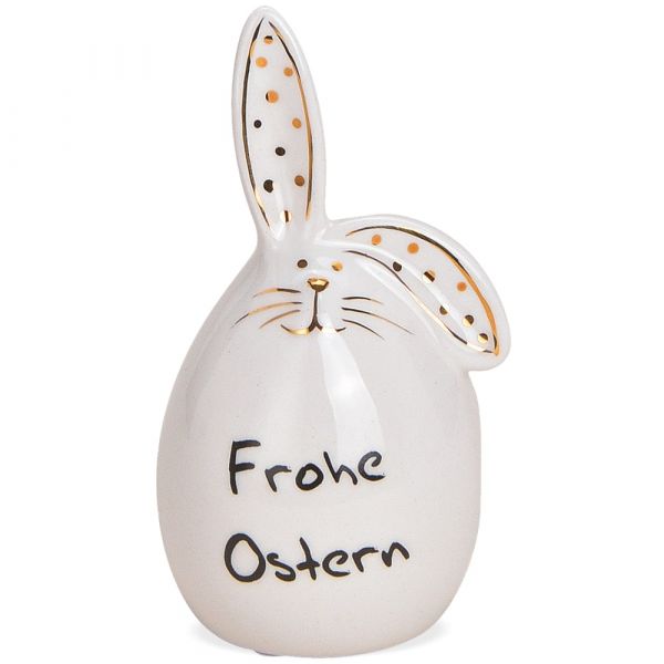 Osterhasen Figuren Keramik weiß mit Goldakzenten & Schrift Frohe Ostern - 2 Größen