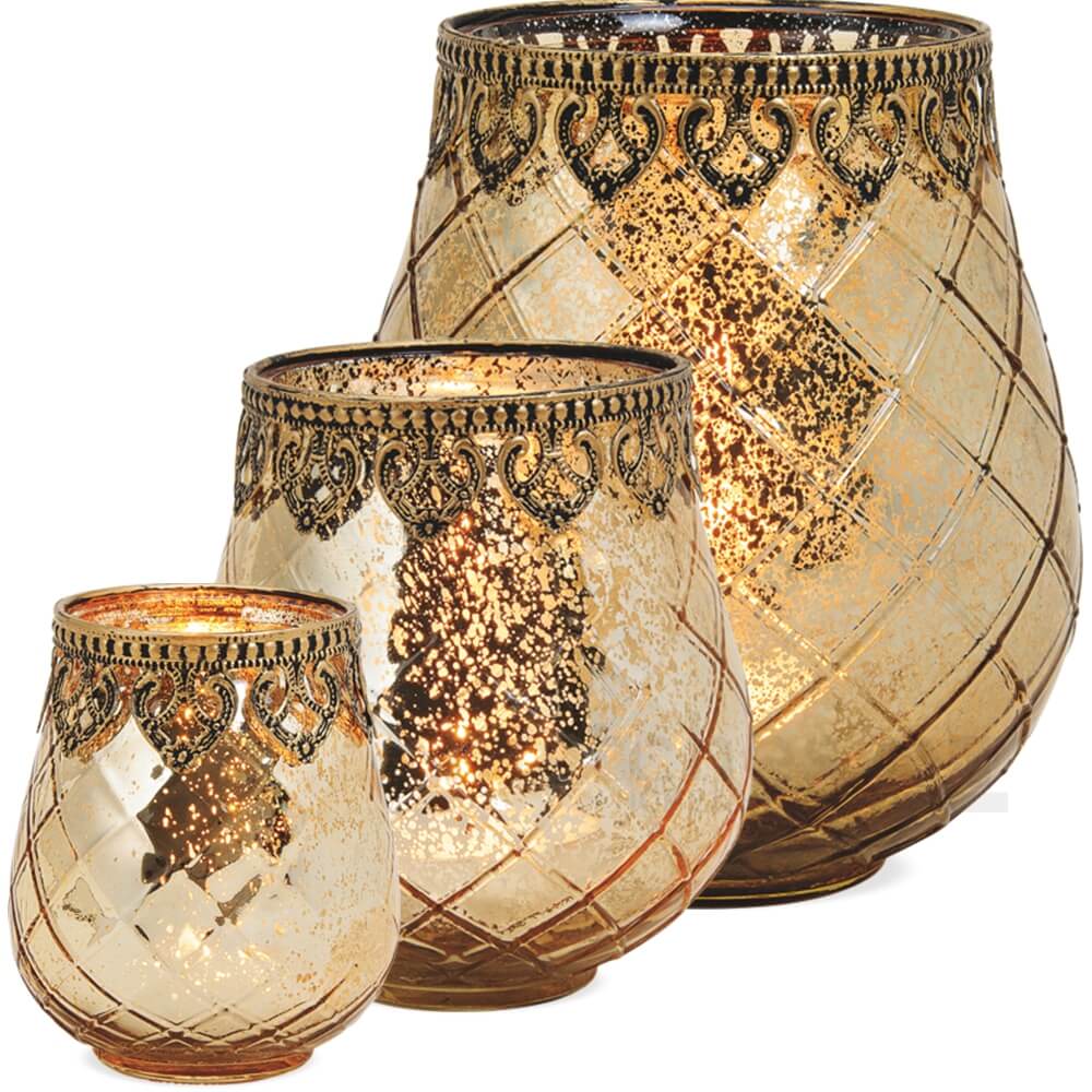 Teelichtglas Windlicht Kelch Orientalisch Marokko & Metalldekor gold antik 18 cm 