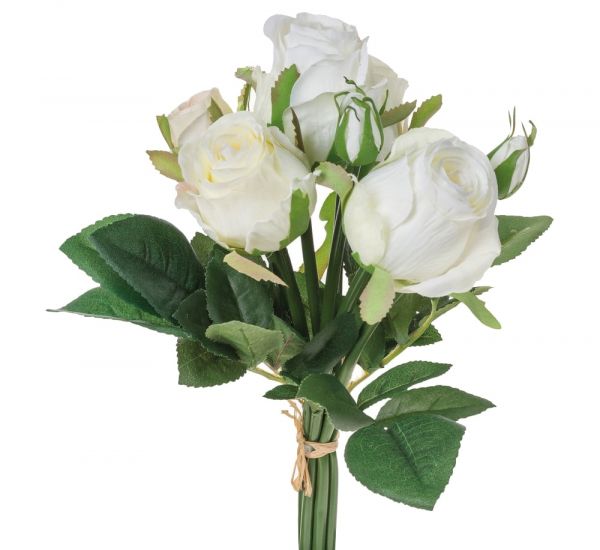 Dekoblume Rosenbund mit Blüten & Knospen Blumenstrauß 28 cm 1 Stk creme weiß
