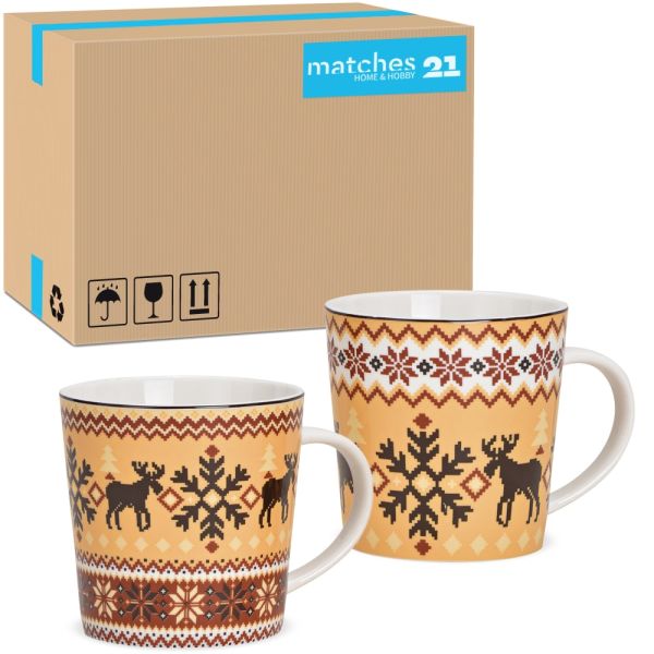 Jumbotassen Kaffeetassen Elch-Dekor Weihnachten braun Porzellan 36 Stk sort 10 cm