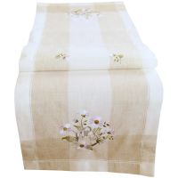 Tischläufer Blüten & Streifen beige & bunte Stickerei Leinenoptik 1 Stk 40x140 cm