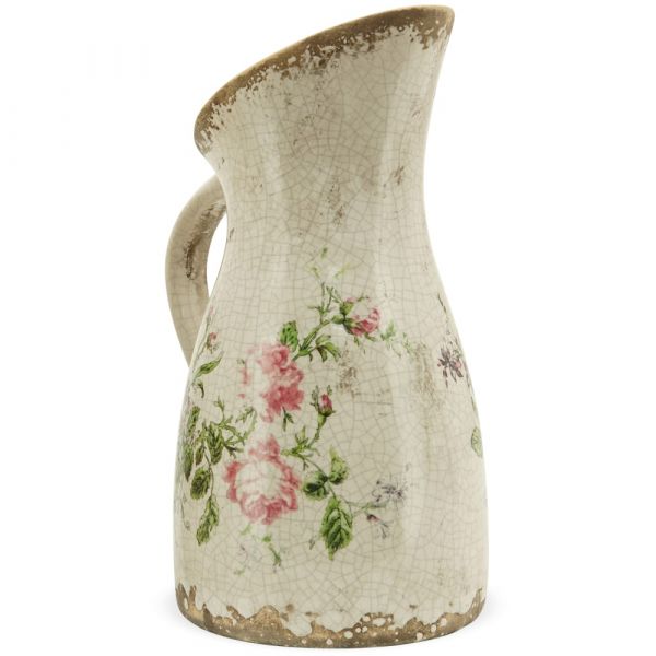 Vase Blumenvase Kelch Antik-Optik Kanne mit Henkel Steingut beige 15x11x20 cm