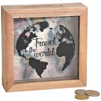 Spardose Geld Rahmen Holz Einwurfschlitz Geldgeschenk – Travel the world 15x15cm