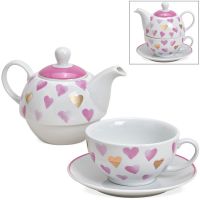 Tea For One Geschenk Set Porzellan Herz Motiv rosa gold Teekanne, Tasse & Teller