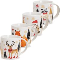 Tassen Kaffeebecher Weihnachten Wald Tiere Tannen Porzellan 4er Set sort 300 ml