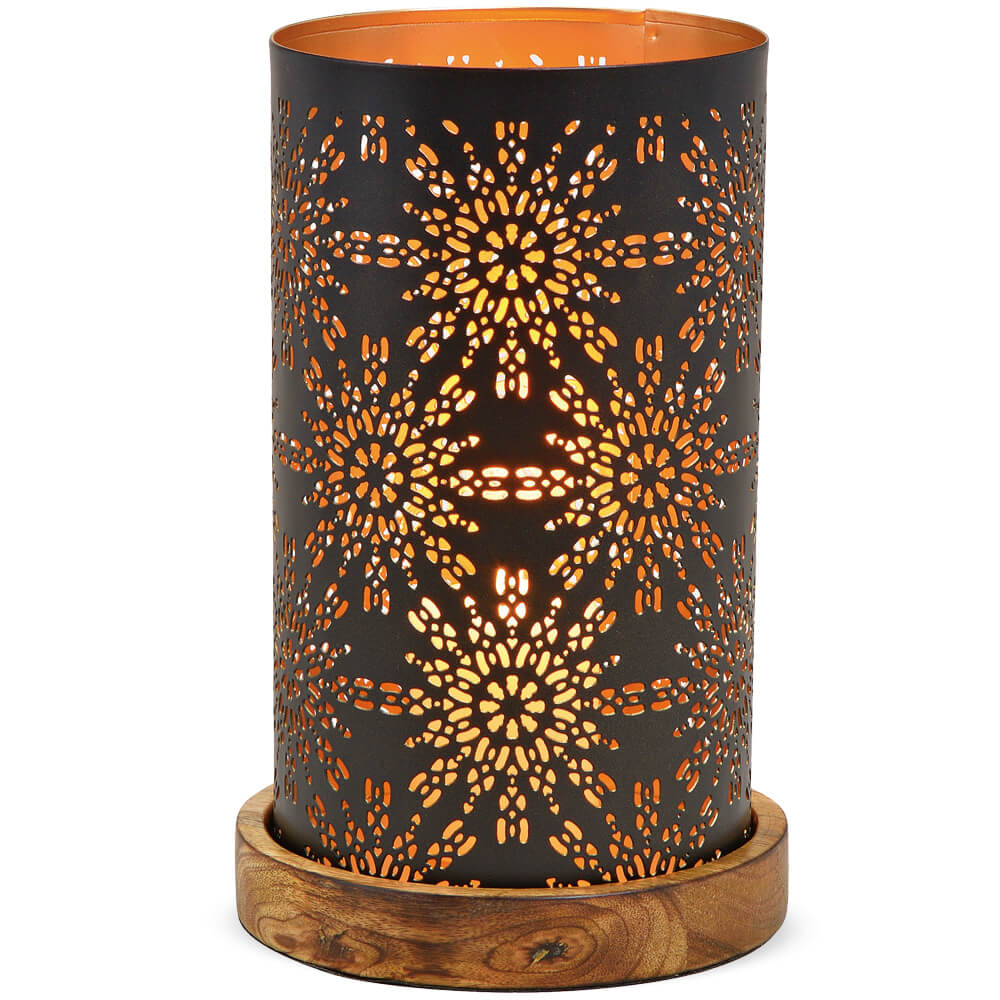 Windlichter Kerzengläser Metall orientalisch schwarz gold Holz Sockel 2 Größen 