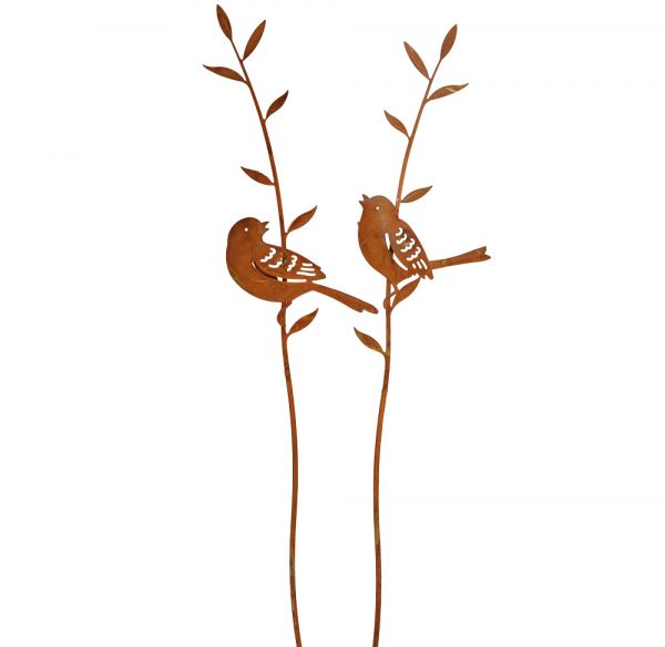 Dekostecker Vögel mit Blättern Gartendeko Metall Rostoptik 2er sort 10x36 cm