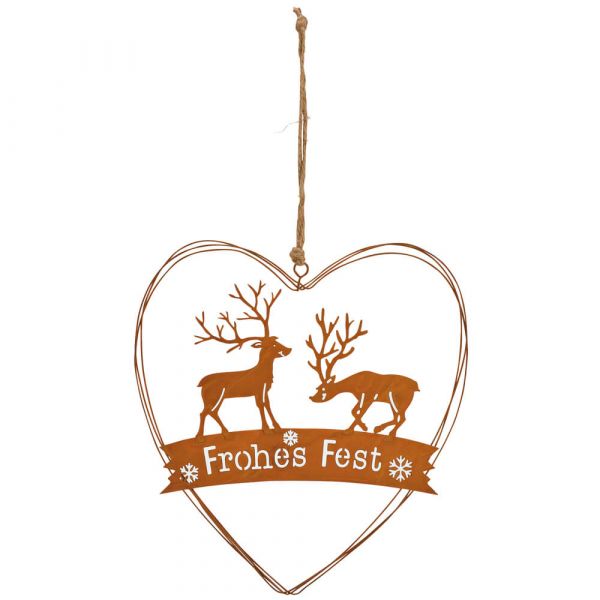 Herz mit Hirschen & Schriftzug FROHES FEST Dekohänger Rostoptik Metall 1 Stk 23 cm