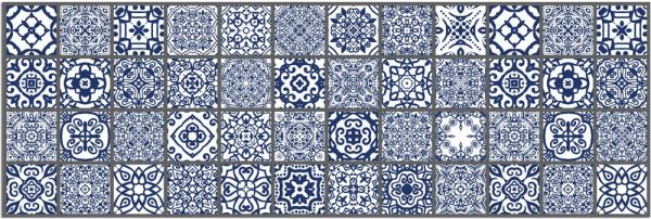 Teppichläufer Küchenläufer Teppich Retro Fliesen blau weiß waschbar in 60x180 cm