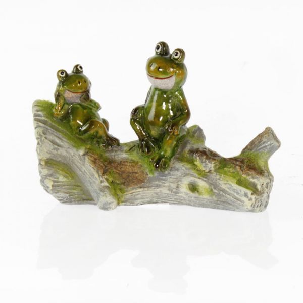Dekofigur Froschpaar auf Holzstamm Gartendeko Keramik grün 16,7 cm