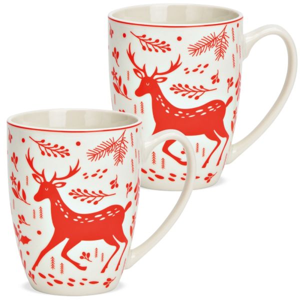 Tassen Kaffeetassen skandinavisch Hirsch weiß rot Porzellan 2er 12x10 cm 300 ml
