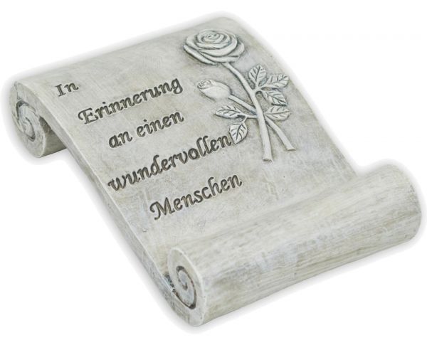 Schriftrolle Rose & Spruch IN ERINNERUNG Grabdeko Poly grau 1 Stk 18x11,5,4 cm