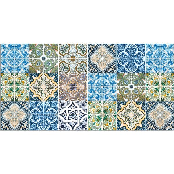 Teppichläufer Küchenläufer Teppich Kacheln Retro blau bunt waschbar in 60x120 cm