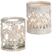 Kerzengläser Windlichter Teelichtgläser Barock Ornament vintage weiß 2er groß