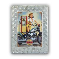 Blechschild mit Rahmen Vintage Motiv Pin Up Girl Motorrad 1 Stk 30x40x0,6 cm bunt