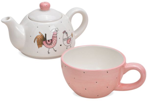 Tea For One Geschenk Set Keramik Hühner Motiv gemalt weiß rosa Teekanne & Tasse