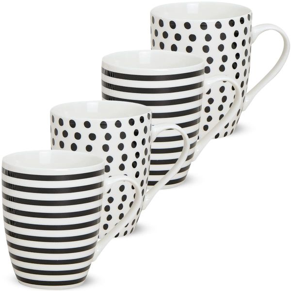 Tassen Becher Streifen & Punkte schwarz / weiß Porzellan 4er Set