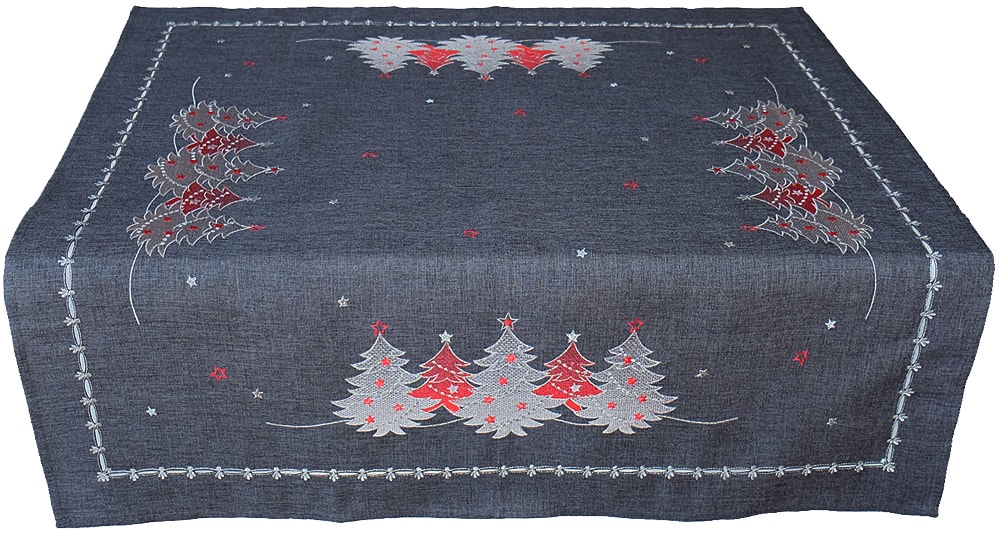 Tischdecke Mitteldecke Weihnachten Stick Tannenbäume rot silber 85x85 cm  grau kaufen
