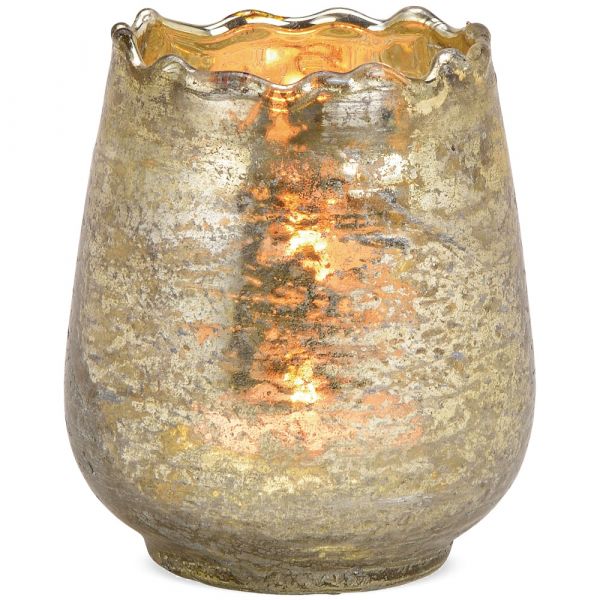 Teelichtglas / Windlicht Kelchform & welliger Rand Vintagelook gold 1 Stk Ø 9 cm