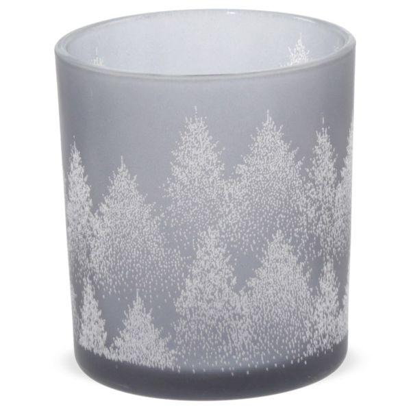 Kerzenglas Teelichtglas Wald Tannen Windlicht Dekowindlicht Glas grau 7x8 cm