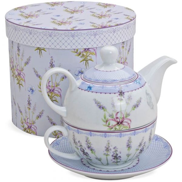 Tea For One Geschenk Box - Porzellan Lavendel-Dekor – Teekanne Tasse & Teller