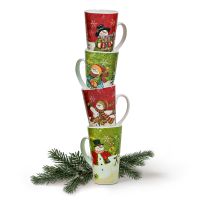 Große Becher Tassen Weihnachtsmotiv Schneemann 4er Set 15cm / 500 ml grün rot