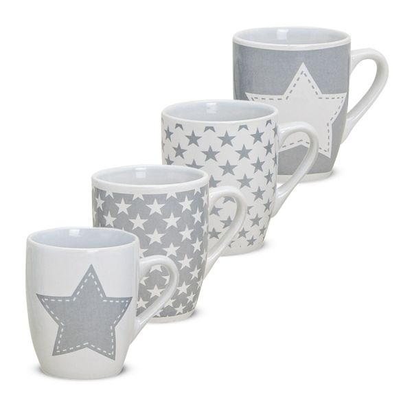 Tassen Becher Kaffeebecher Weihnachten Sterne weiß grau Keramik 4er 10 cm 300 ml