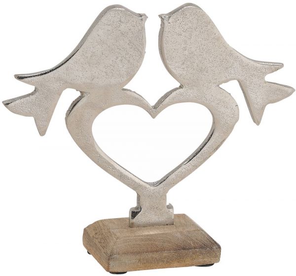 Herz & Vogel Paar Holz & Metall Dekofigur Skulptur Love silber braun 1 Stk 19 cm