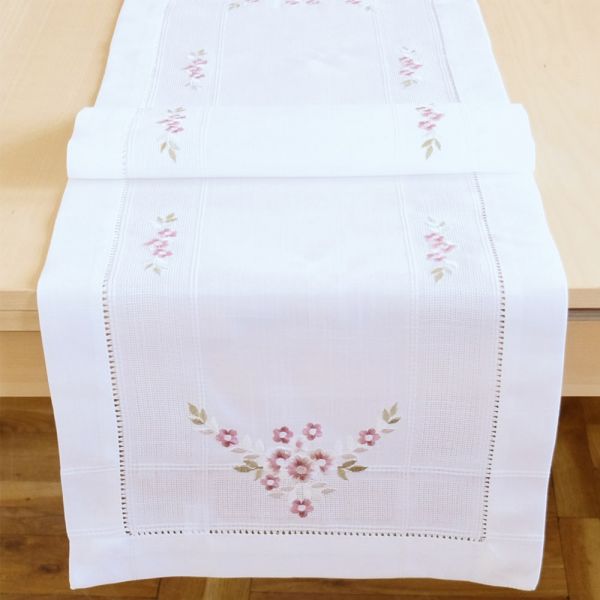 Tischläufer Mitteldecke Stickerei rosa Blumen Hohlsaum Tischwäsche 40x140cm