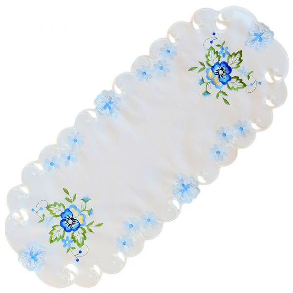 Tischläufer Stiefmütterchen weiß & Stick blau Polyester 1 Stk 40x90 cm oval