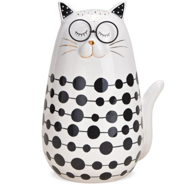 Katze mit Brille Dekofigur modern Katzenfigur Keramik weiß & Punkte 1 Stk 24 cm