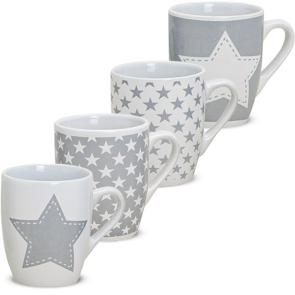 Tasse Becher Kaffeebecher 1 Stk. Sterne weiß / grau B-WARE Keramik 10 cm / 300 ml