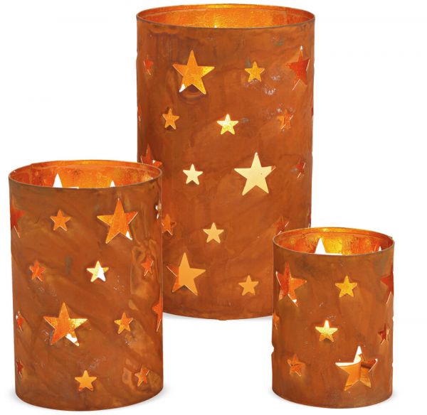 Windlichter mit Sternen Kerzenhalter Gartendeko Metall Rostoptik 3er Set 3 Größen