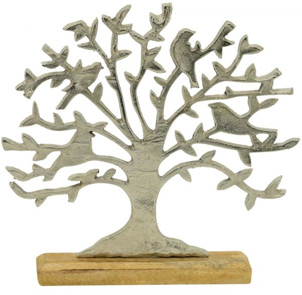 Baum Lebensbaum mit Vögeln Deko Standfuß Holz braun & Alu silber 1 Stk 33x5x30 cm