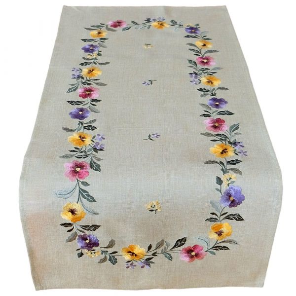 Tischläufer Stiefmütterchen Blumen beige Stick bunt Polyester 1 Stk 40x90 cm