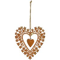 Herz in Herz & Blüten Dekohänger Metall rostig & Kordel Gartendeko 1 Stk 13 cm