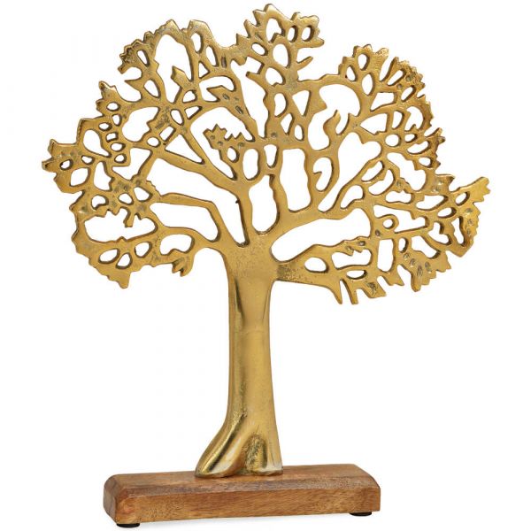 Baum Aufsteller Metall Skulptur Holzsockel Dekofigur Gold 1 Stk 30x33x5 cm