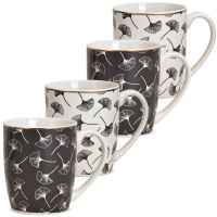 Kaffeetassen Tassen Ginkgo Blätter Porzellan schwarz weiß gold 4er Set sort 10 cm