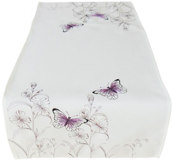 Tischläufer Mitteldecke Stickerei Schmetterling lila weiß Tischwäsche 40x90cm