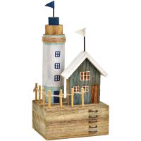 Leuchtturm mit Haus Hafen Szene Dekofigur Holz Badezimmer bunt 1 Stk 14x26 cm