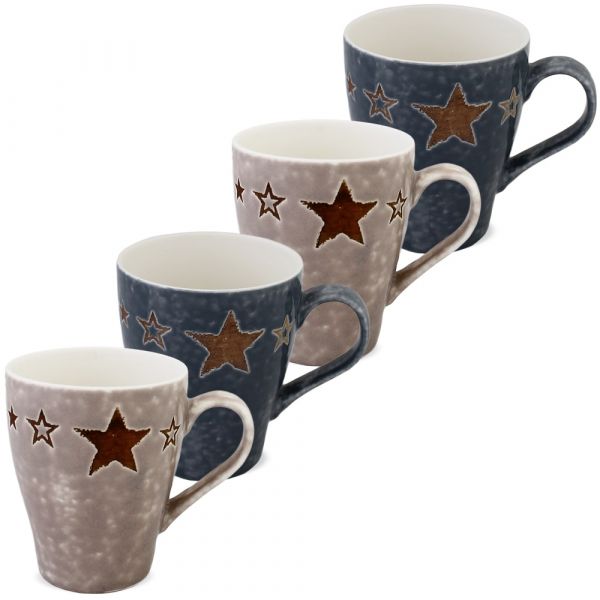 Tassen Becher Porzellan Sterne Steingutoptik beige & grau 4er Set 12x10 cm