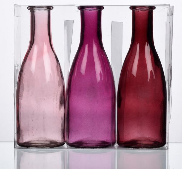 Glasflaschen 3er Set farbig Glas Dekoflaschen 18,5 cm Rottöne