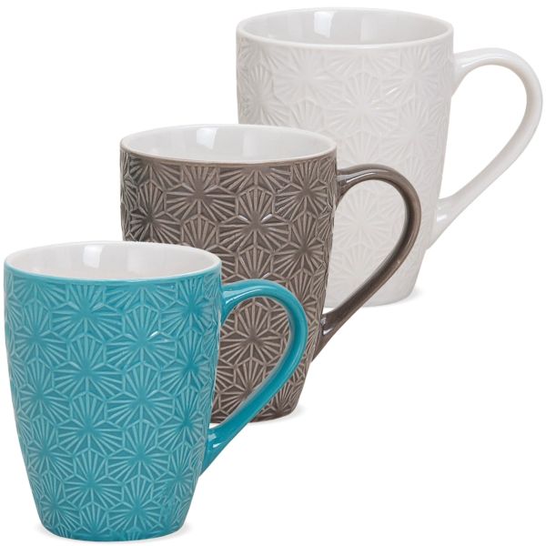Tassen Becher Kaffeebecher Retro Motiv Keramik türkis braun weiß 3er Set je 10 cm
